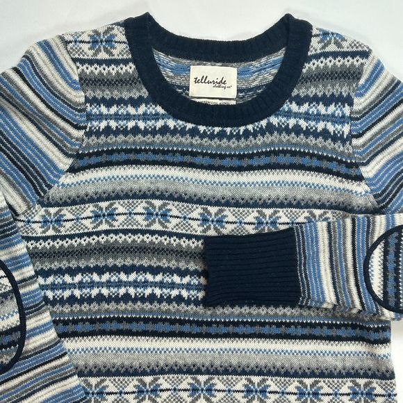Telluride Clothing Lambswool Blend Blue Icelandic Stripe Crewneck Sweater Size L - Picture 2 of 8